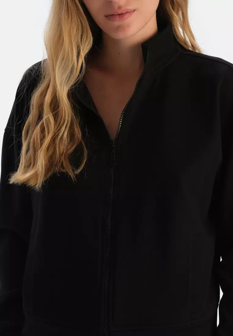 Black Sweatshirt, Standing Collar, Regular Fit, Loungewear for Women