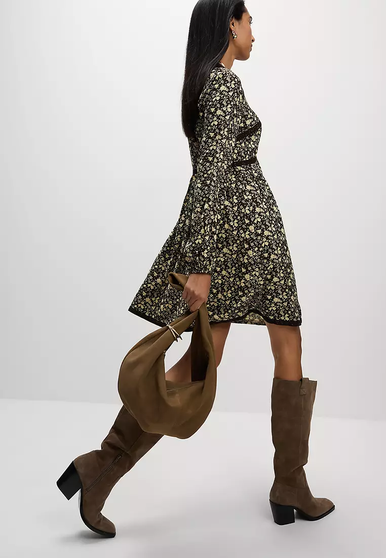 Printed Lace Insert Mini Waisted Dress