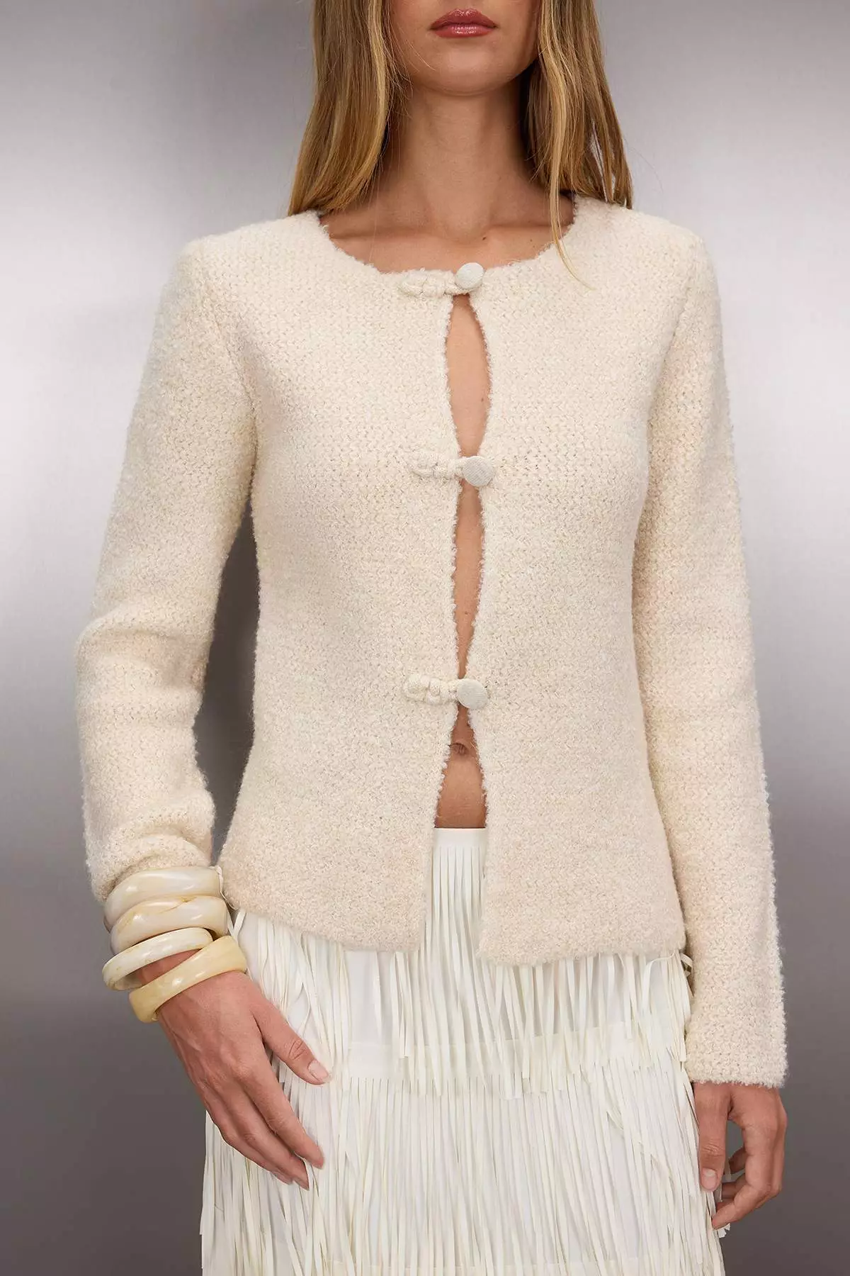 Stone Textured Boucle Yarn Knitwear Cardigan