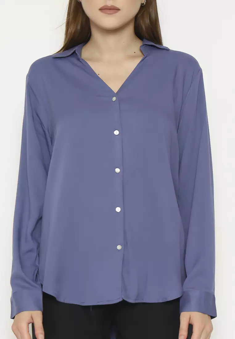 Urban Exchange Milla Blue Blouse - Atasan Blouse Wanita Lengan Panjang