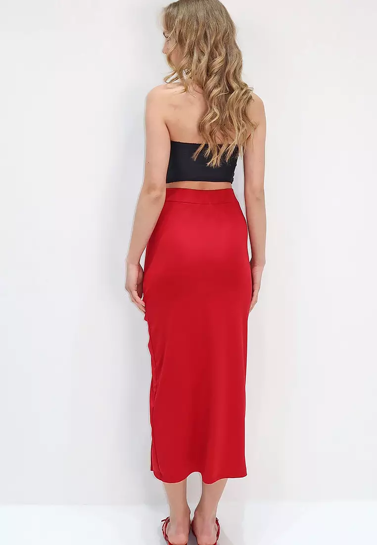 Women's Red Adjustable Gathered Slit Maxi Length Scuba Skirt Alc-X13765