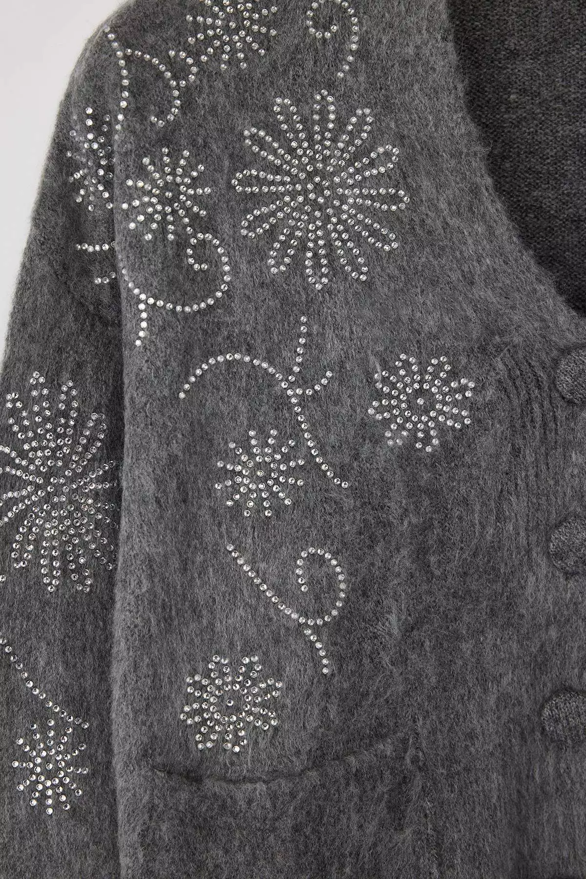 Dark Gray Soft Texture Wide Fit Stone Embroidered Knitwear Cardigan