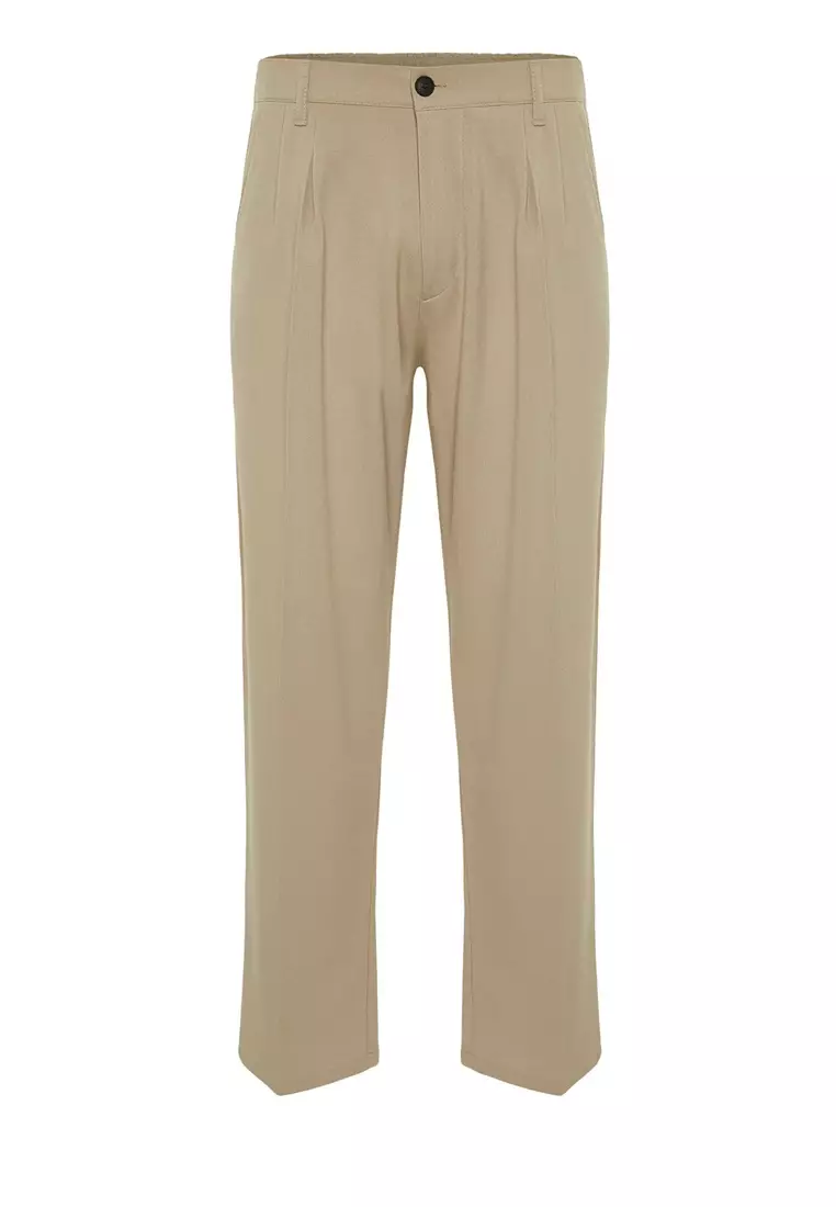 Beige Pleated Classic Baggy Fit Fabric Trousers TMNSS24PL00024