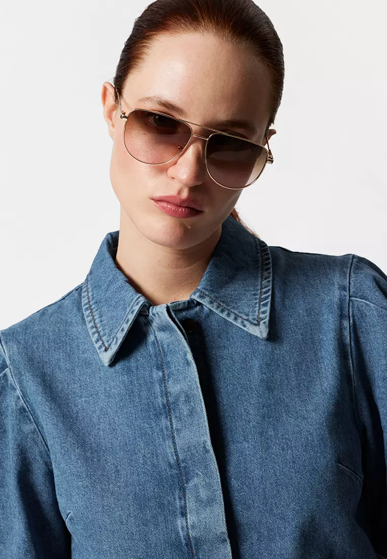 Puff-Sleeve Denim Blouse