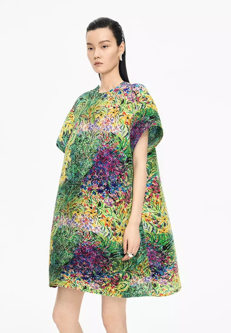 混纺图案元素A型压褶短袖连衣裙