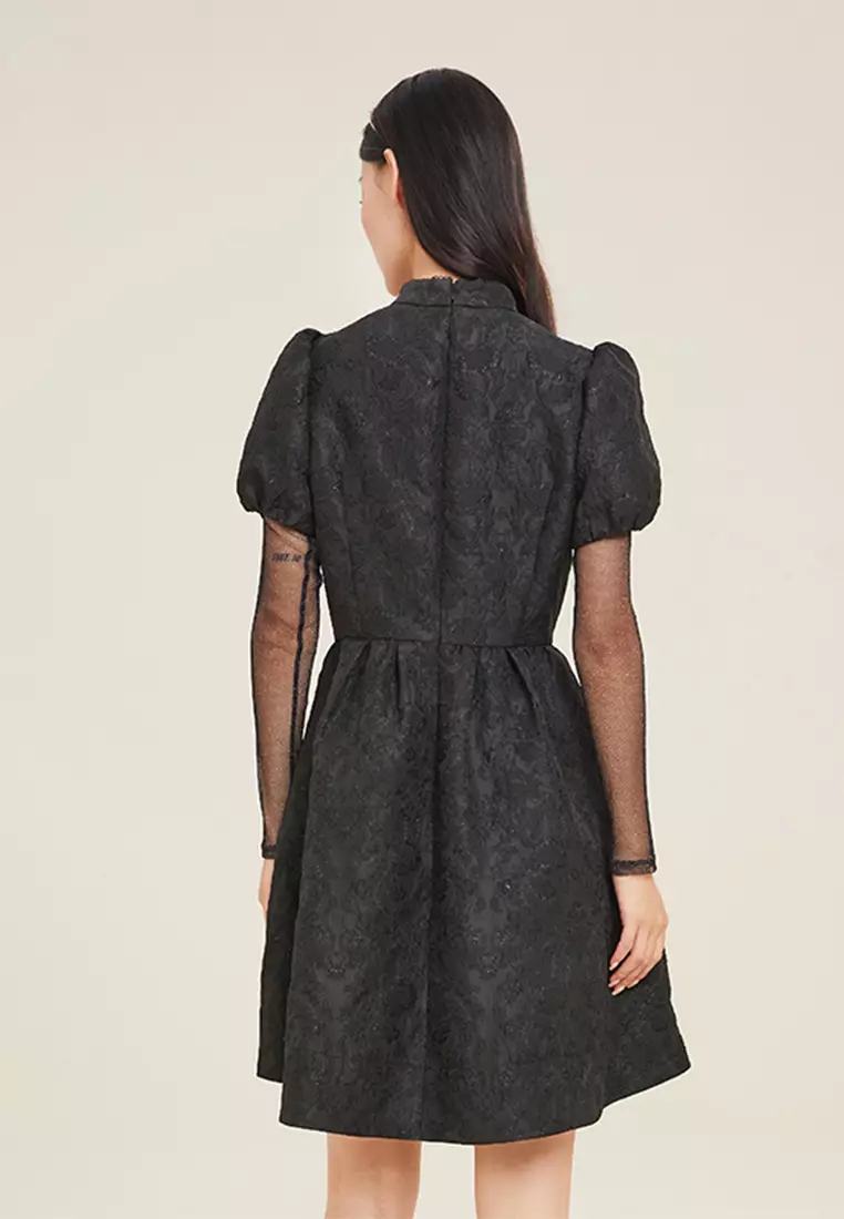 Short-Sleeve Mandarin Collar Midi A-Line Dress
