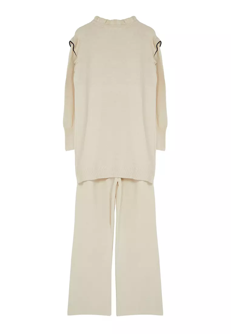 Ecru Black Piping Collar Detailed Knitwear Bottom-Top Set TCTAW25US00006