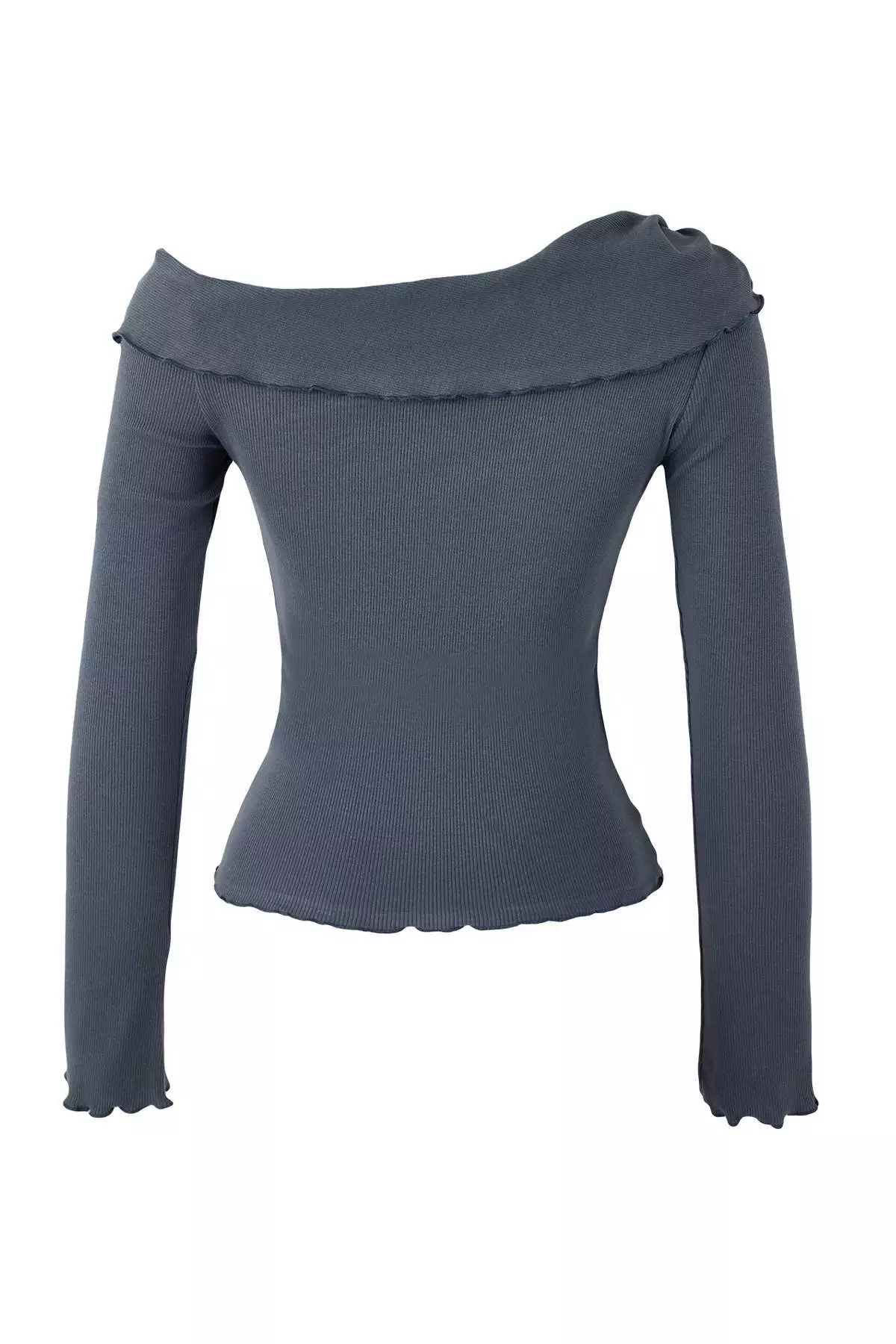 Anthracite Fitted/Fitted Asymmetrical Neckline Accessory Detail Corded Fabric Stretchy Knitted Blouse Twoss26Bz72