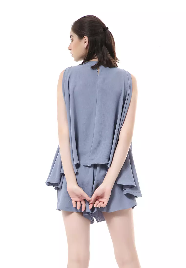 Nayra One Set Setelan Wanita Sleeveless Blouse with Short Pants Plain Motive Material Crepe Crinkle ORIGINAL - Bluegray