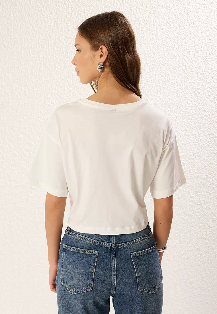 Ekru Relaxed/Comfortable Fit High Slogan Printed Knitted T-Shirt