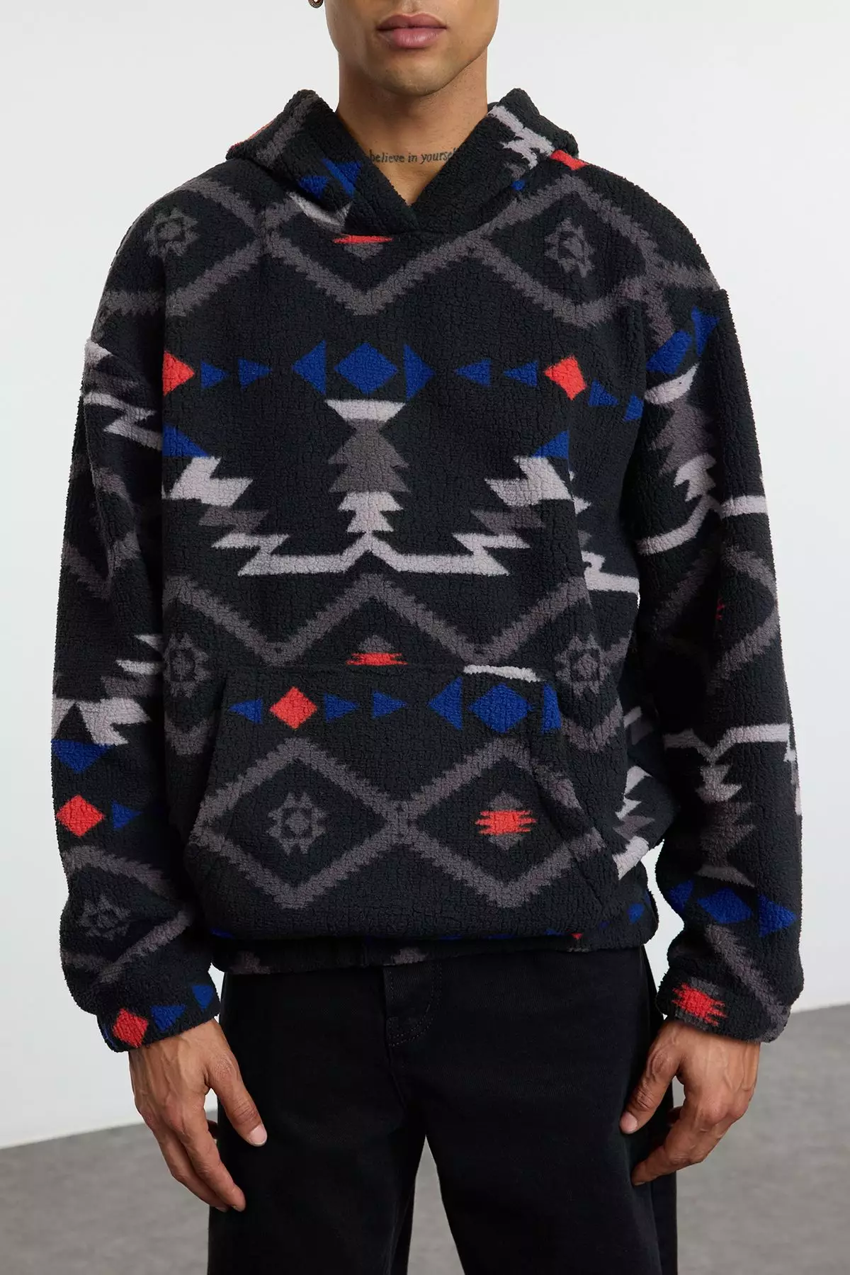 Black Unisex Oversize/Wide Cut Patterned Sherpa Fleece/Plush Hooded Sweatshirt TMNAW25SW00147