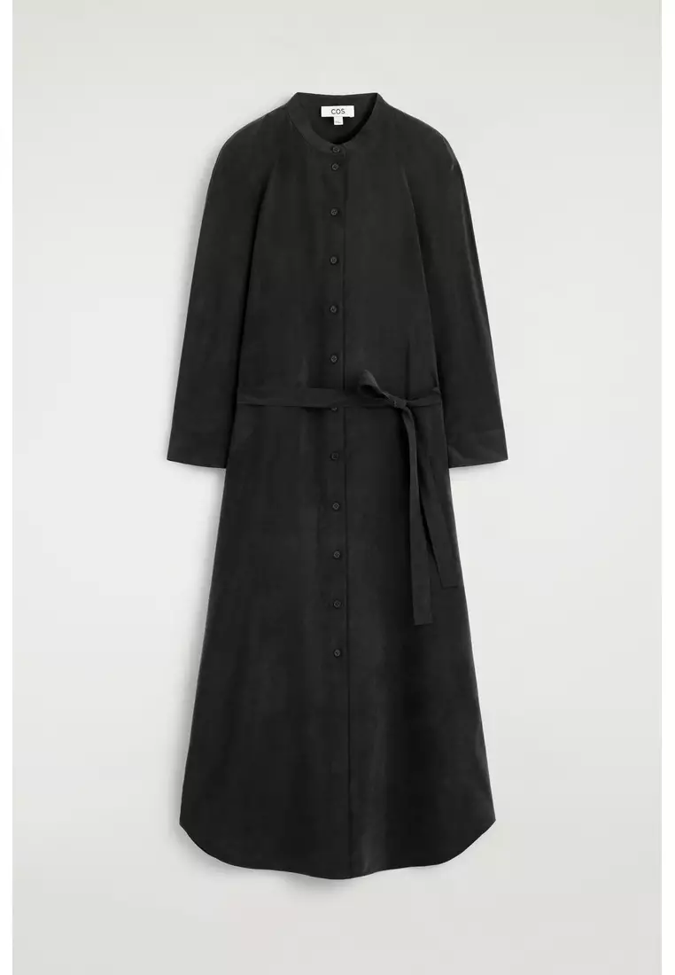 BELTED COLLARLESS MIDI SHIRT DRESS