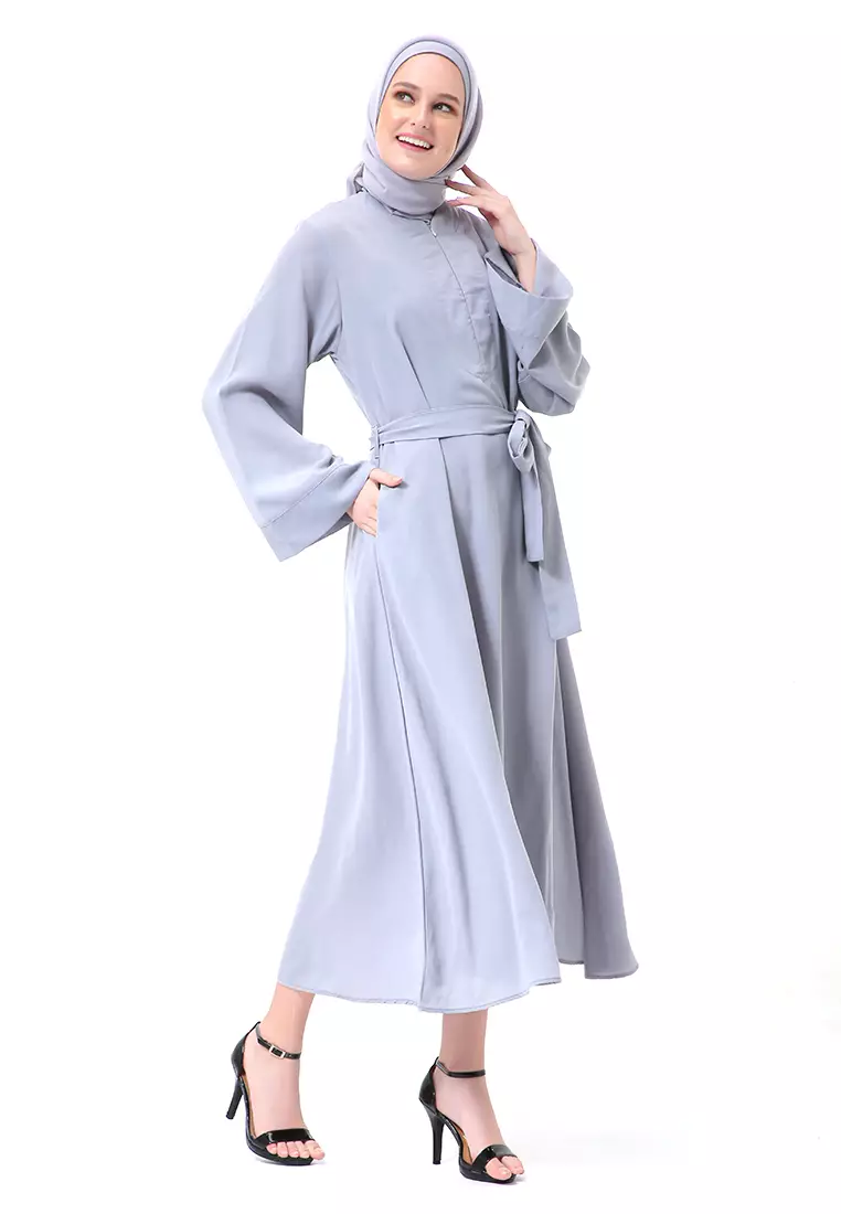 Khalisa Aiza Long Abaya Gamis Self Tie Belt Premium High Quality - Silver