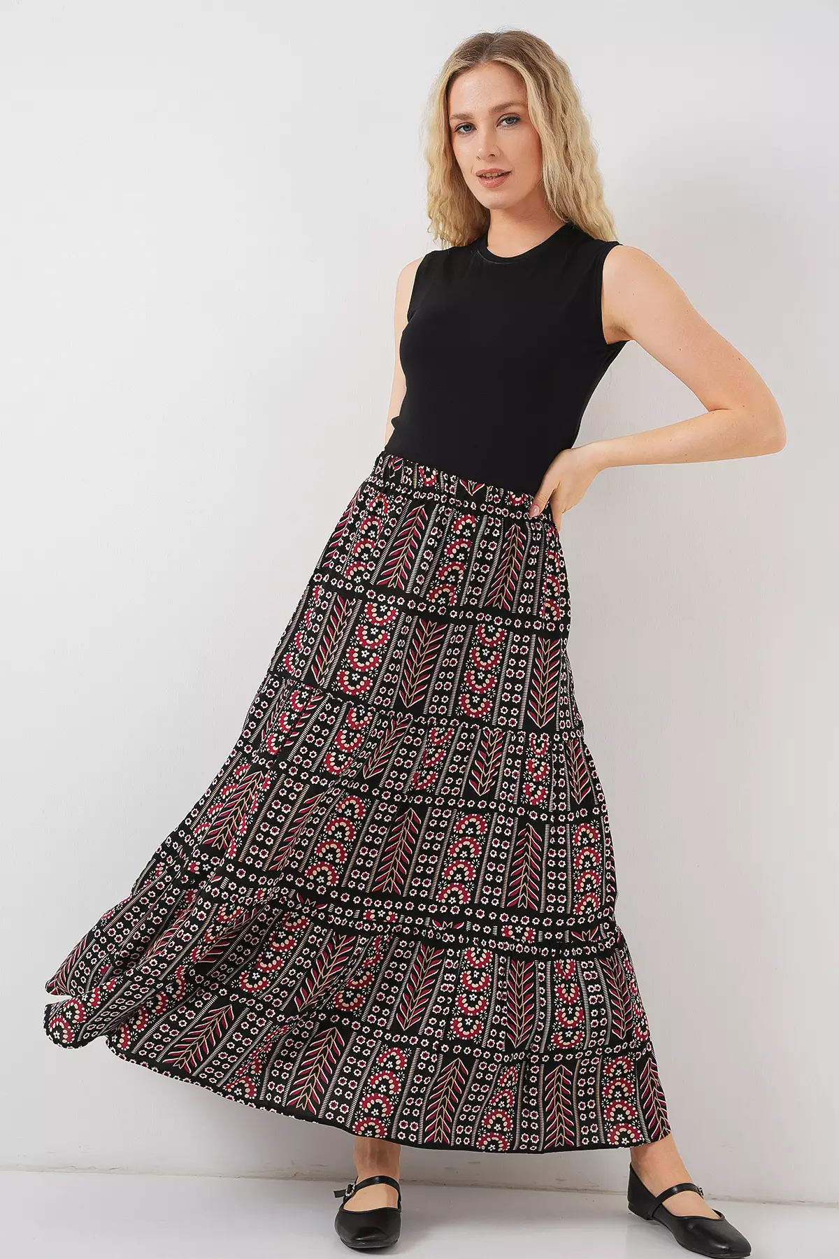 Women's Patterned Long Skirt 8053 - Black