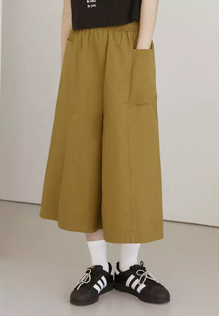 Cotton Elastic Waist Wide-Leg Cropped Trousers [BA3858]