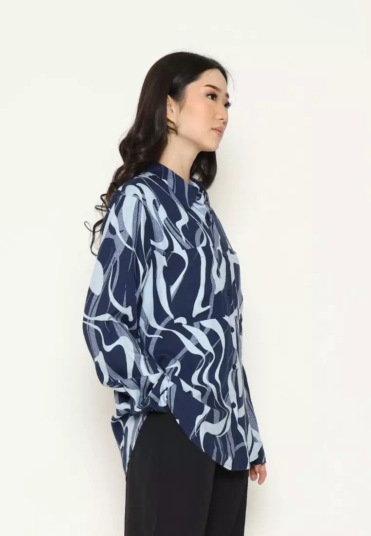 Urban Exchange Shirt Cherry Printed Navy Blue - Printed Shirt Kemeja Oversize
