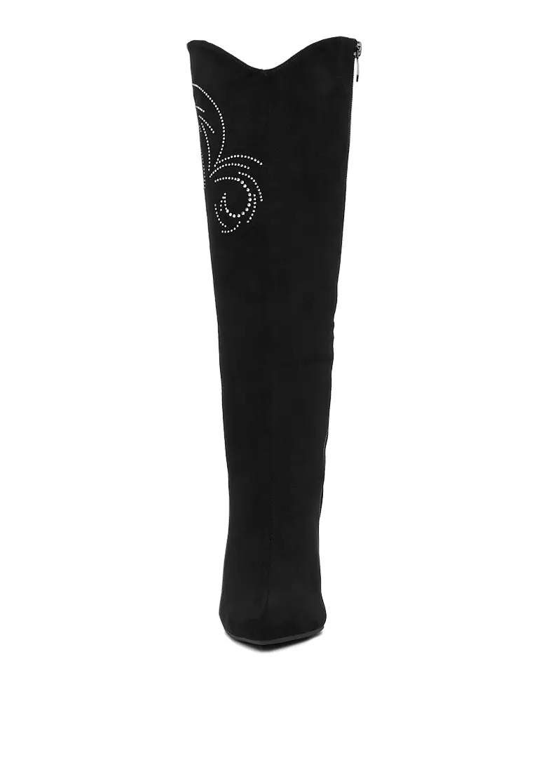 Rhinestone Patterned Calf Boots in Black