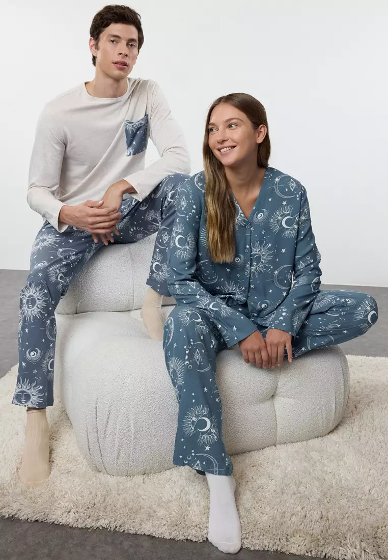 Women's Couple Blue Galaxy Patterned Viscose Woven Pajama Set