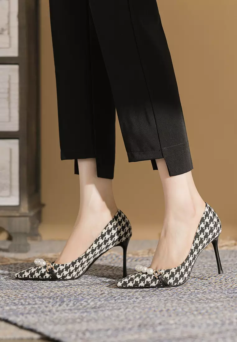8.5CM Pearl Chain Pointy Plaid Pumps TE7198-7