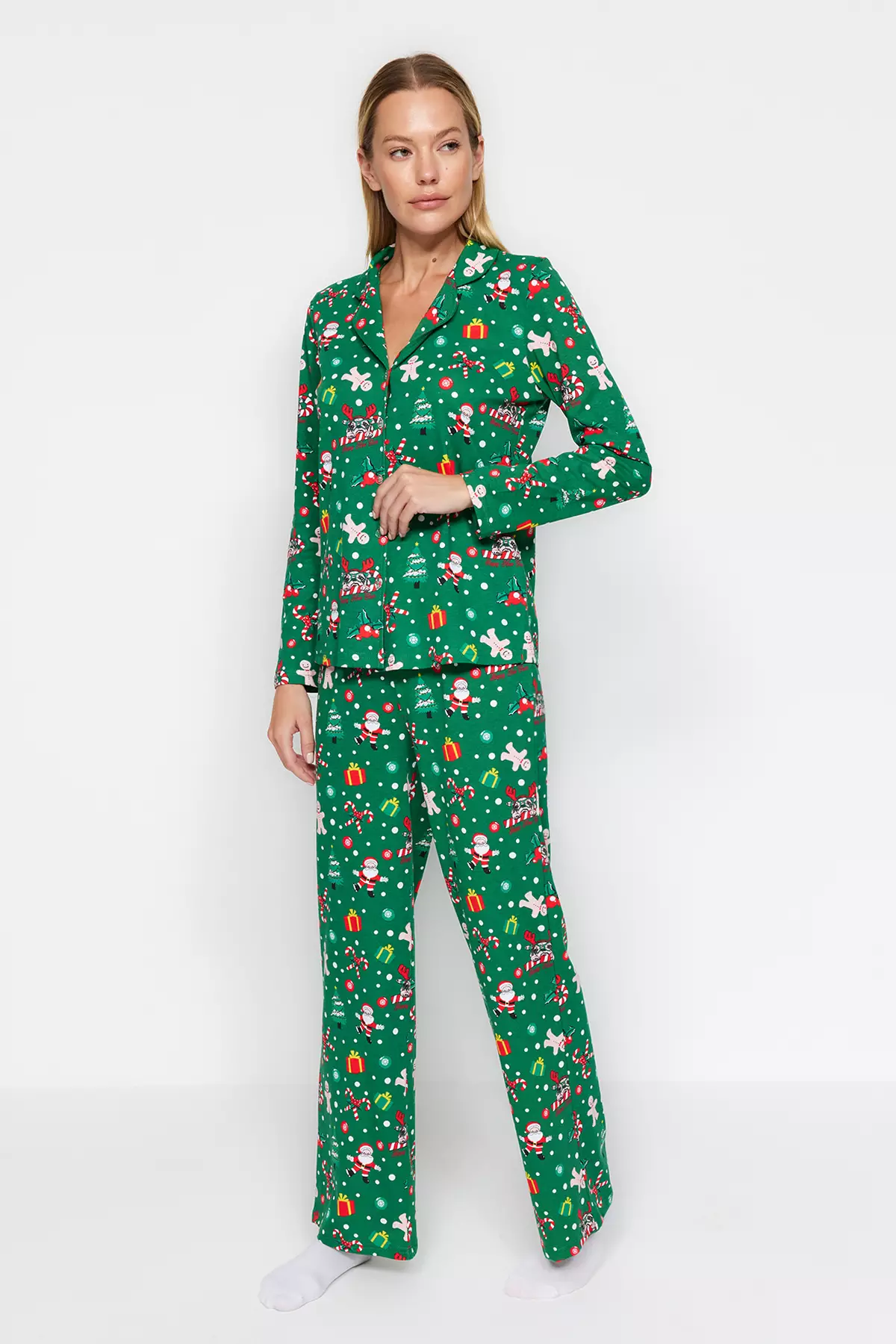 Green 100% Cotton Christmas Themed Knitted Pajama Set