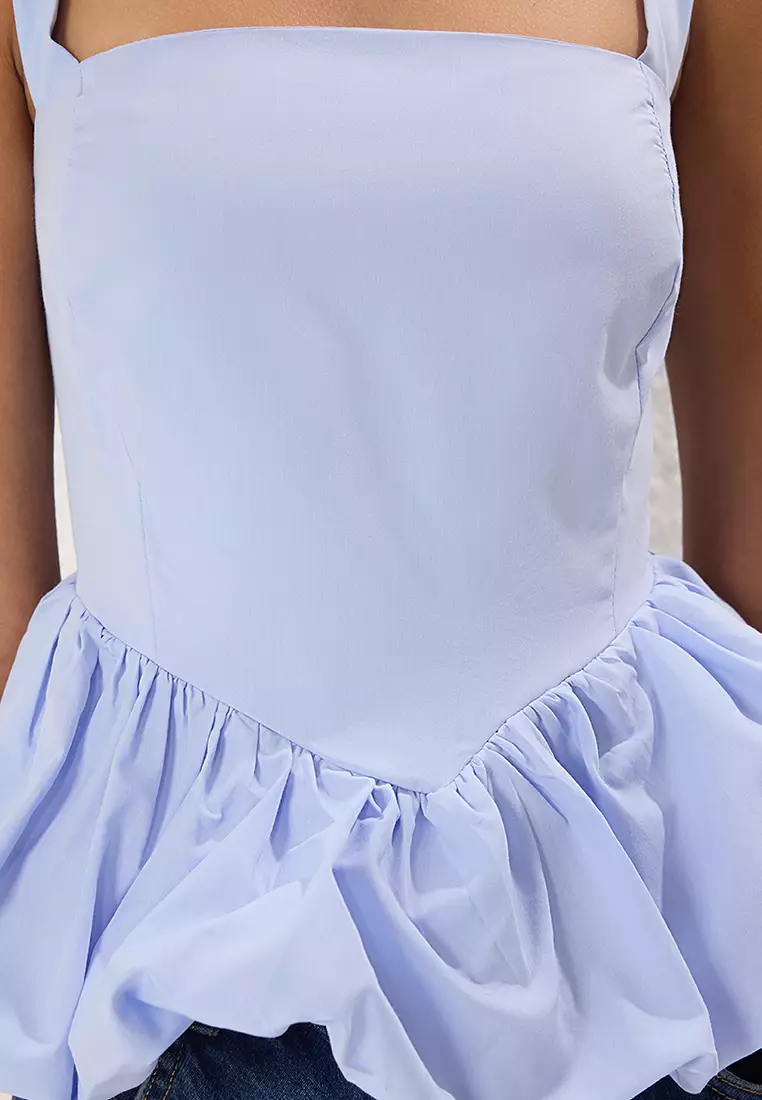 Light Blue Balloon Skirt Suspender Woven Woven Blouse Twoss25Bz00354