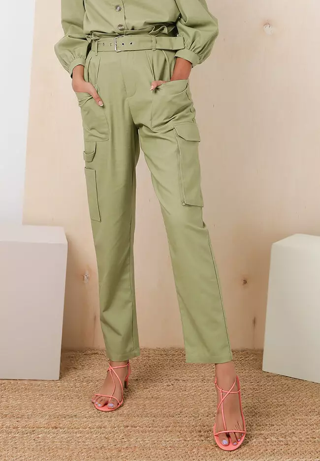 Khaki paperbag waist on sale trousers