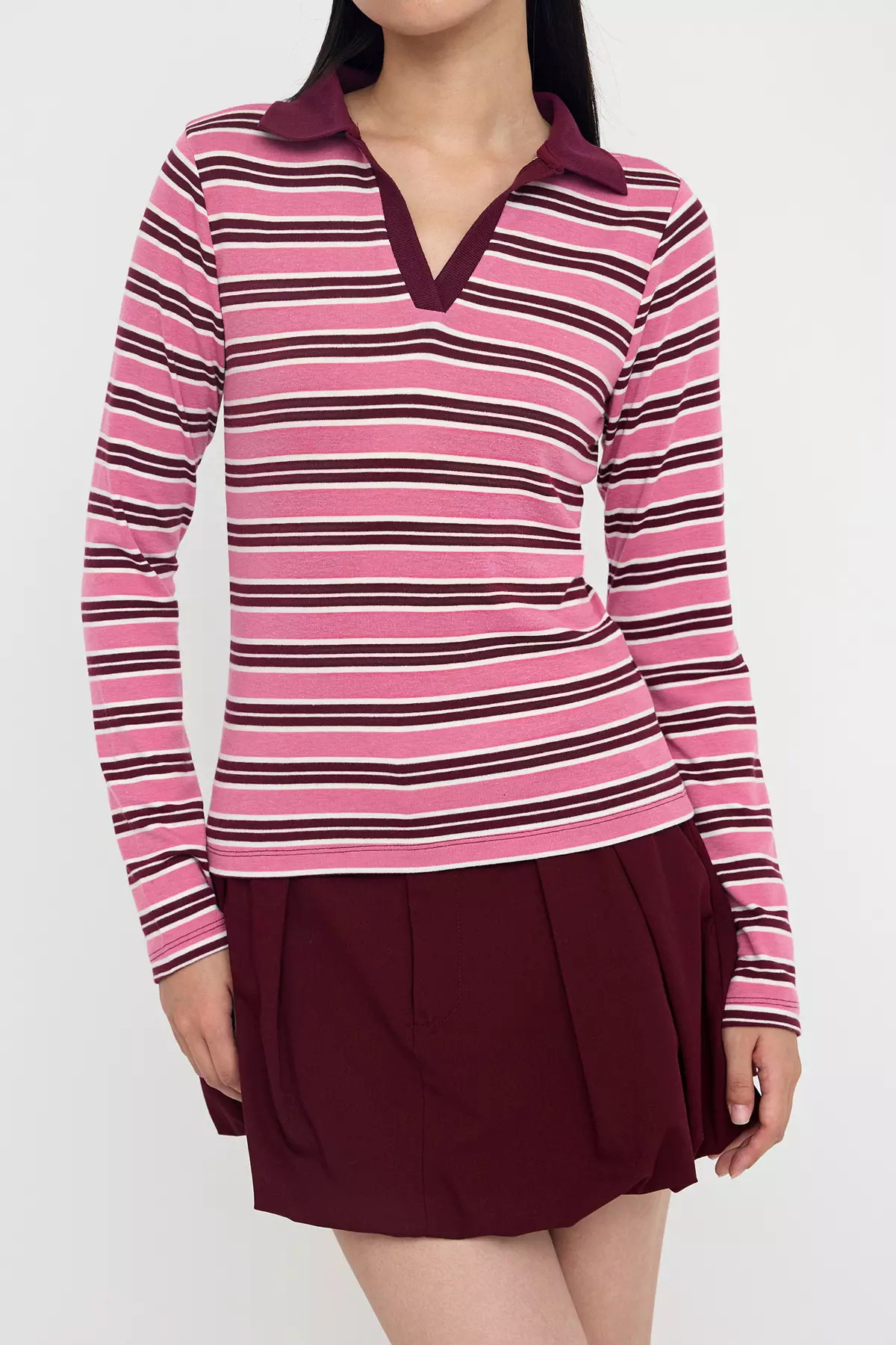 Teen Pink Striped Polo Neck Fitted/Body-Smoothing Knitted Blouse Twoaw26Bz00034