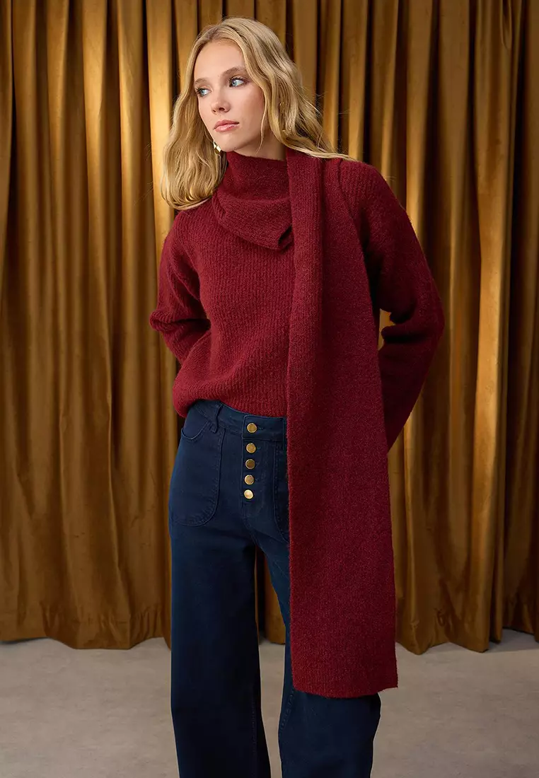 Burgundy Wool Blend Beard Yarn Shawl Collar Detailed Knitwear Sweater Twoaw26Kz00008