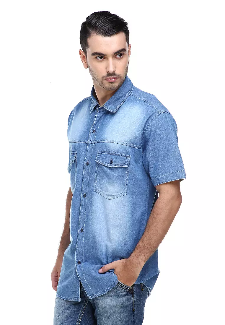 Dwan Baju Kemeja Pria Lengan Pendek Casual Shirt Two Pockets Material Jeans ORIGINAL - Blue