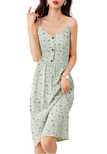 OUNIXUE green Fresh Floral Suspender Dress 2911FAAB8784D4GS_1