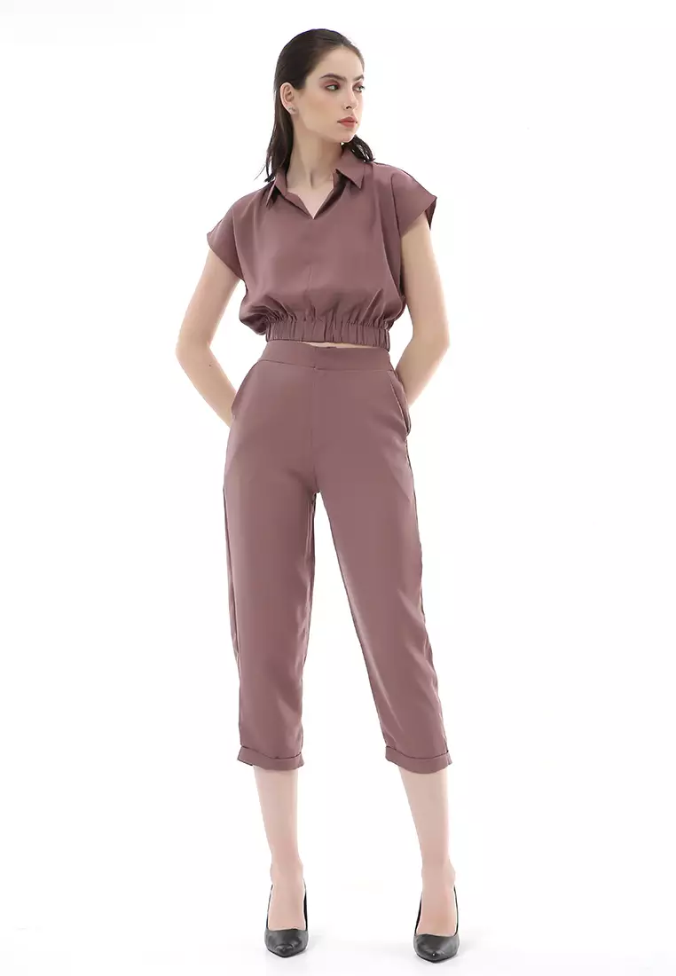Nayra One Set Setelan Atasan Crop Karet Lengan Pendek Basic Pants Wanita Material Dolce ORIGINAL - Chocolate