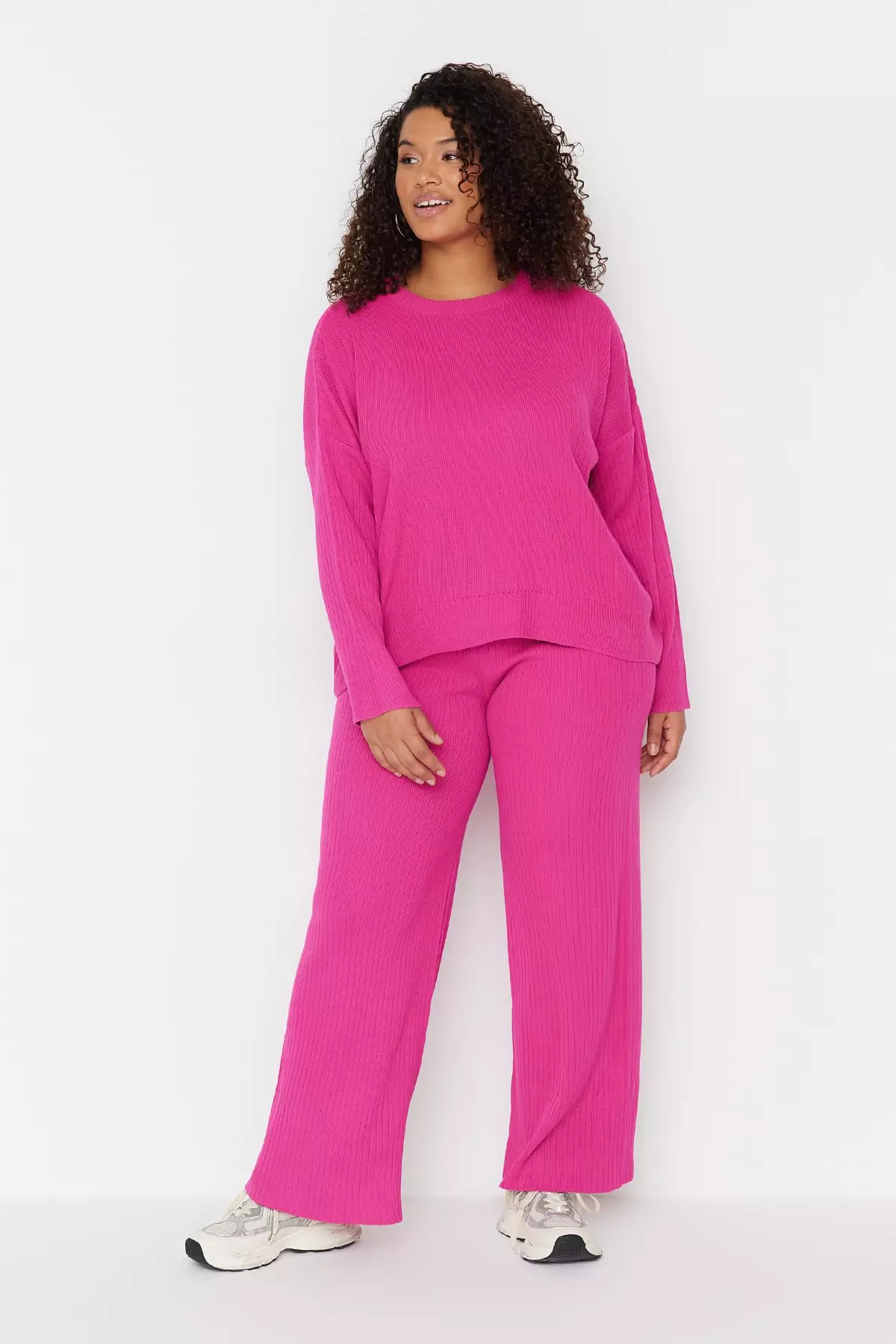 Plus Size Ribbed Sweater & Wide Leg Pants Set