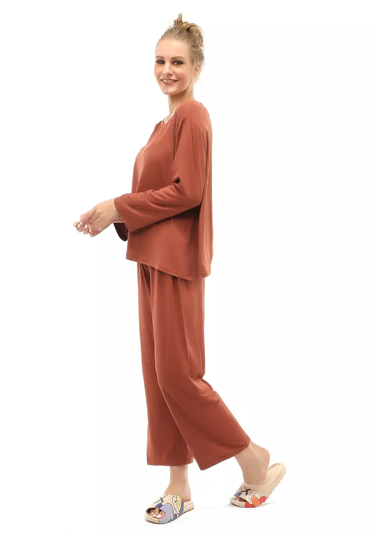 Vance Setelan Piyama Baju Tidur Wanita Nopouch Lengan Panjang Material Spandex ORIGINAL - Brown