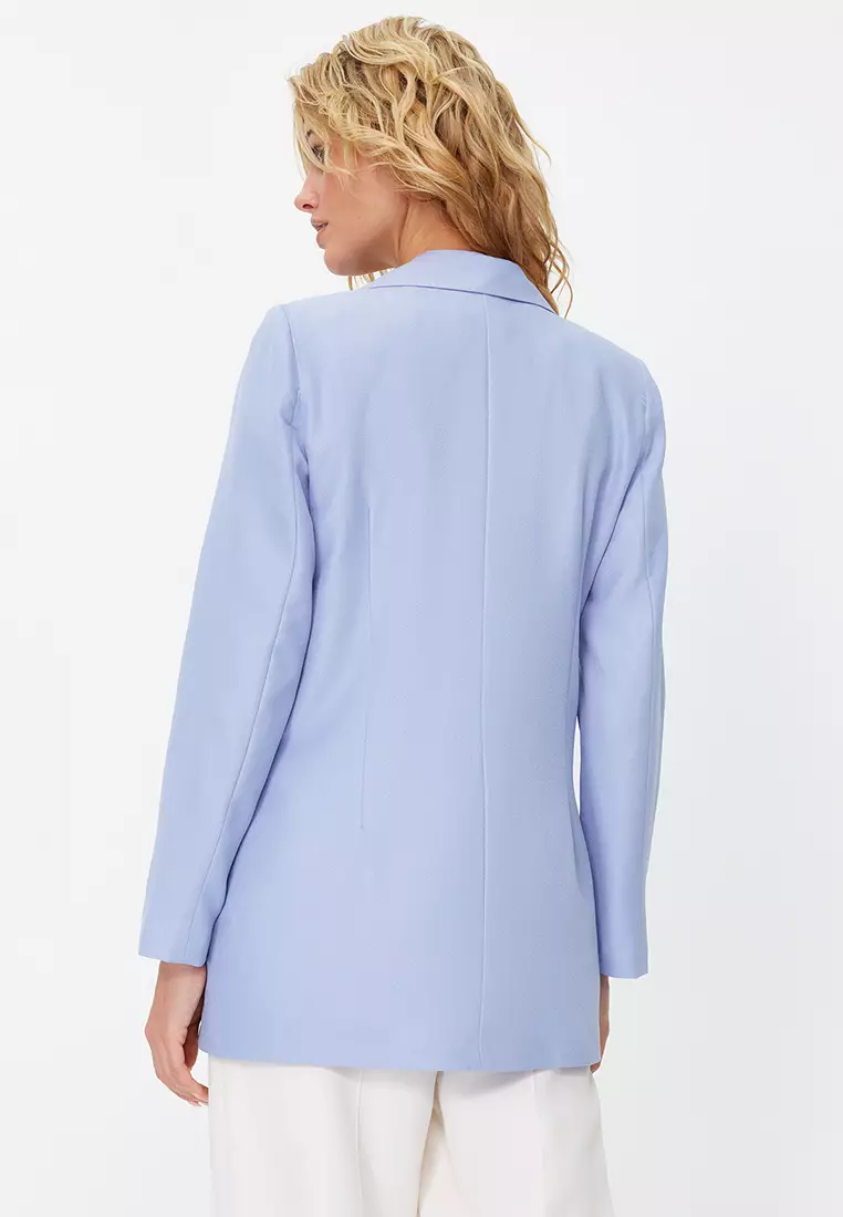Light Blue Oversize Lined Double Breasted Closure Blazer Jacket