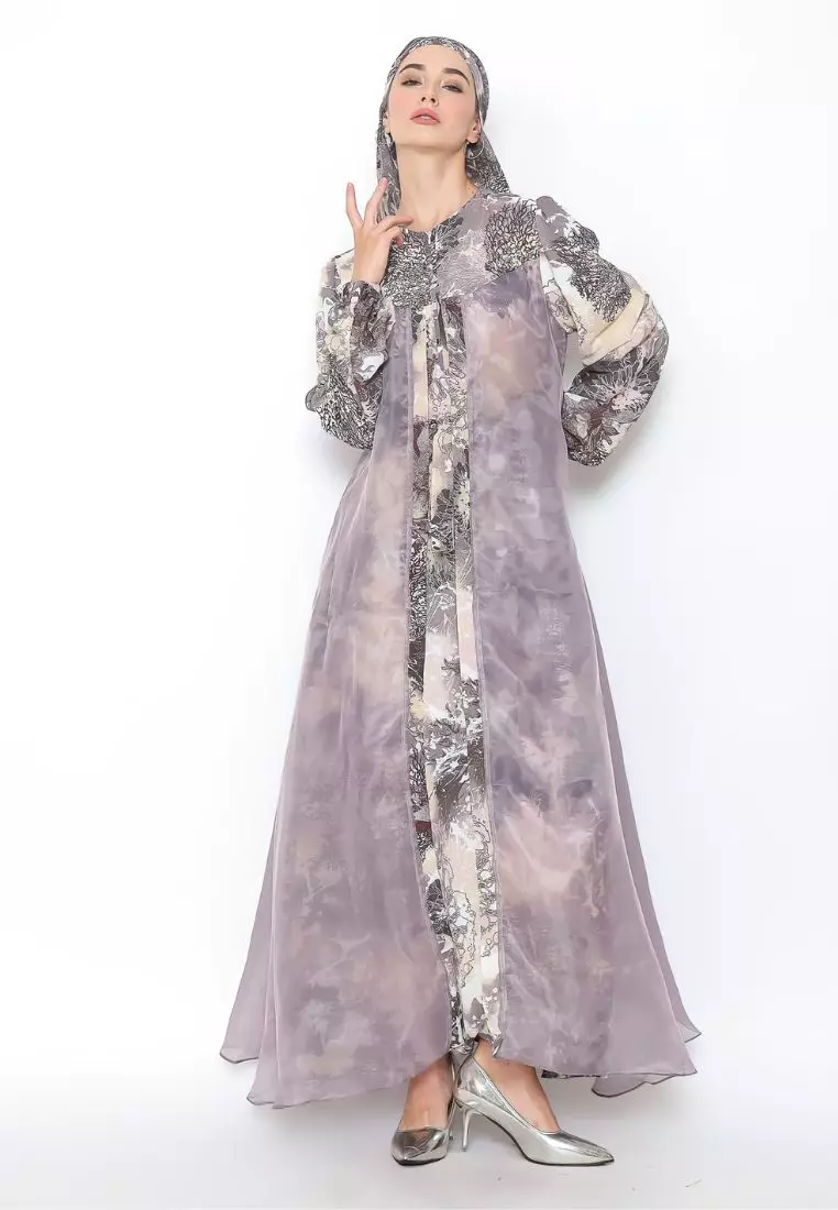 Rinjanie x Senorita  - Gamis Rosslen Cokelat - Gamis Set Scarf Raya - Gamis Set - Gamis Printing Mix Organza - Dress Raya - Dress mix organza - GMKY - CT