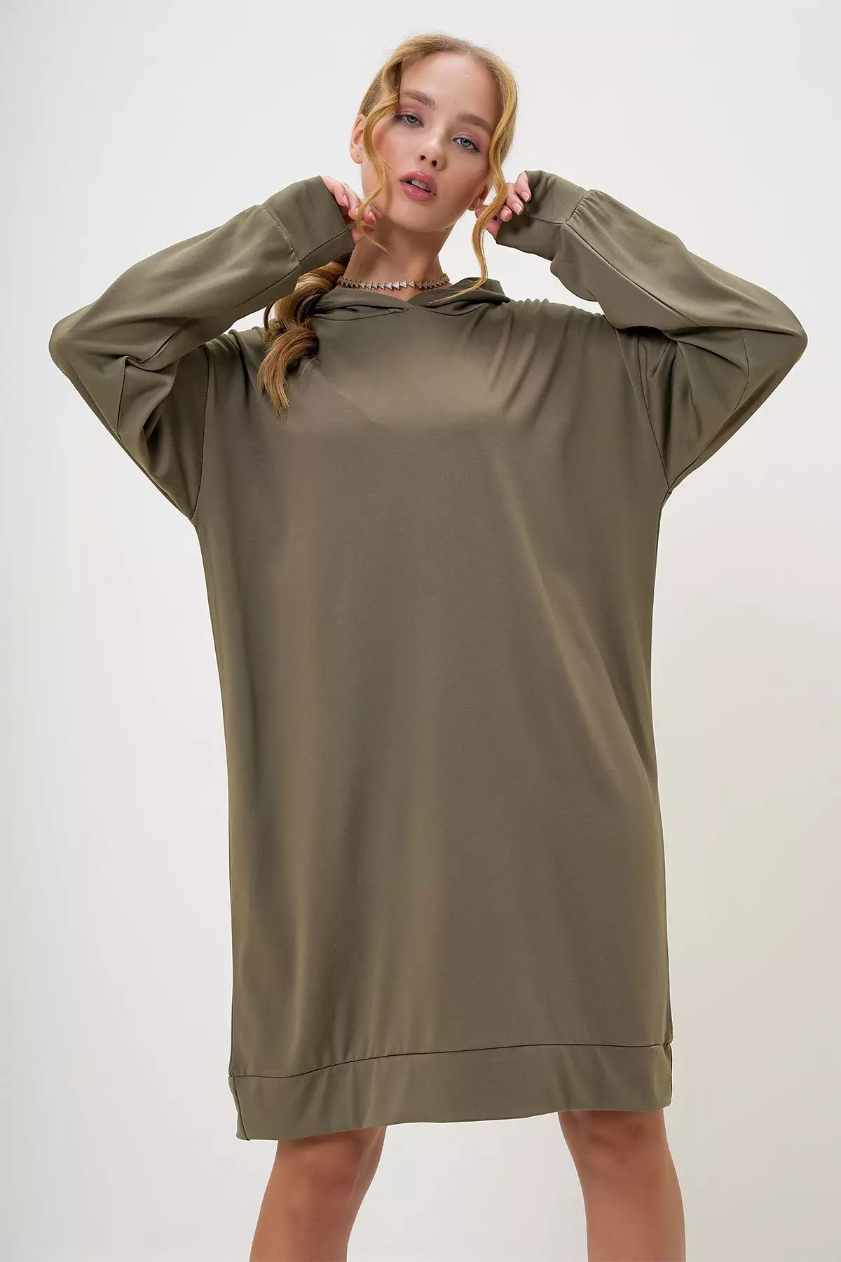 Women's Khaki Hooded Sweatshirt Dress