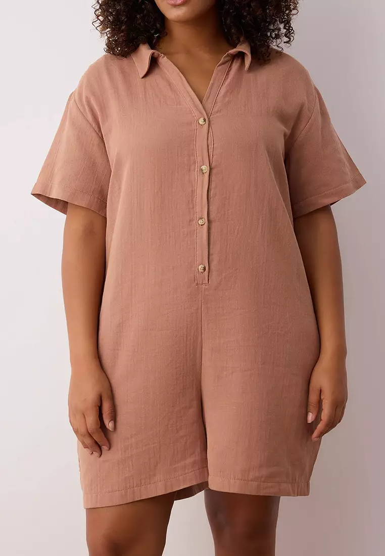 Brown Regular Fit Muslin Woven Fabric 100% Cotton Beach Wear Plus Size Jumpsuit Tbbss25Bg00000