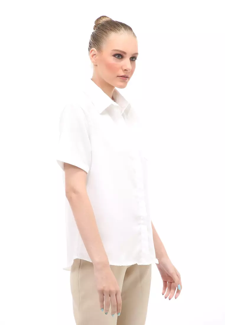 Shirt Atasan Wanita Lengan Pendek Detail Saku Motif Polos Design Simple - Putih