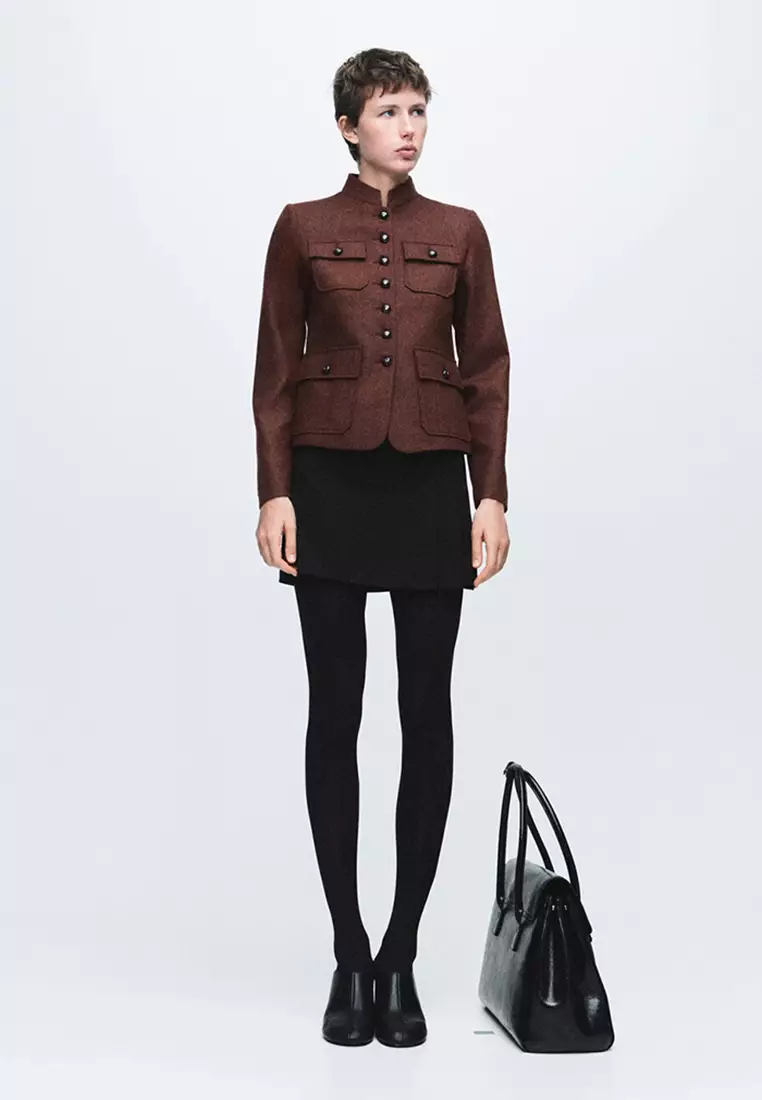 Wool Jacket with Band Collar and Pockets