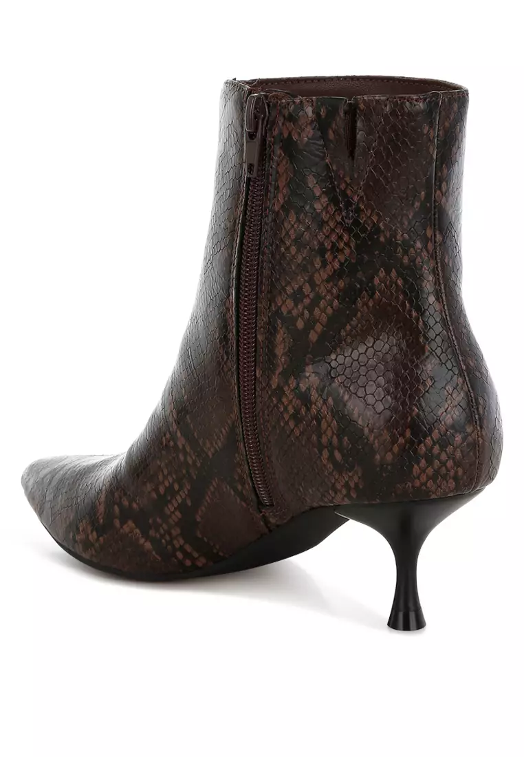 Snake Print Kitten Heel Boots in Chocolate