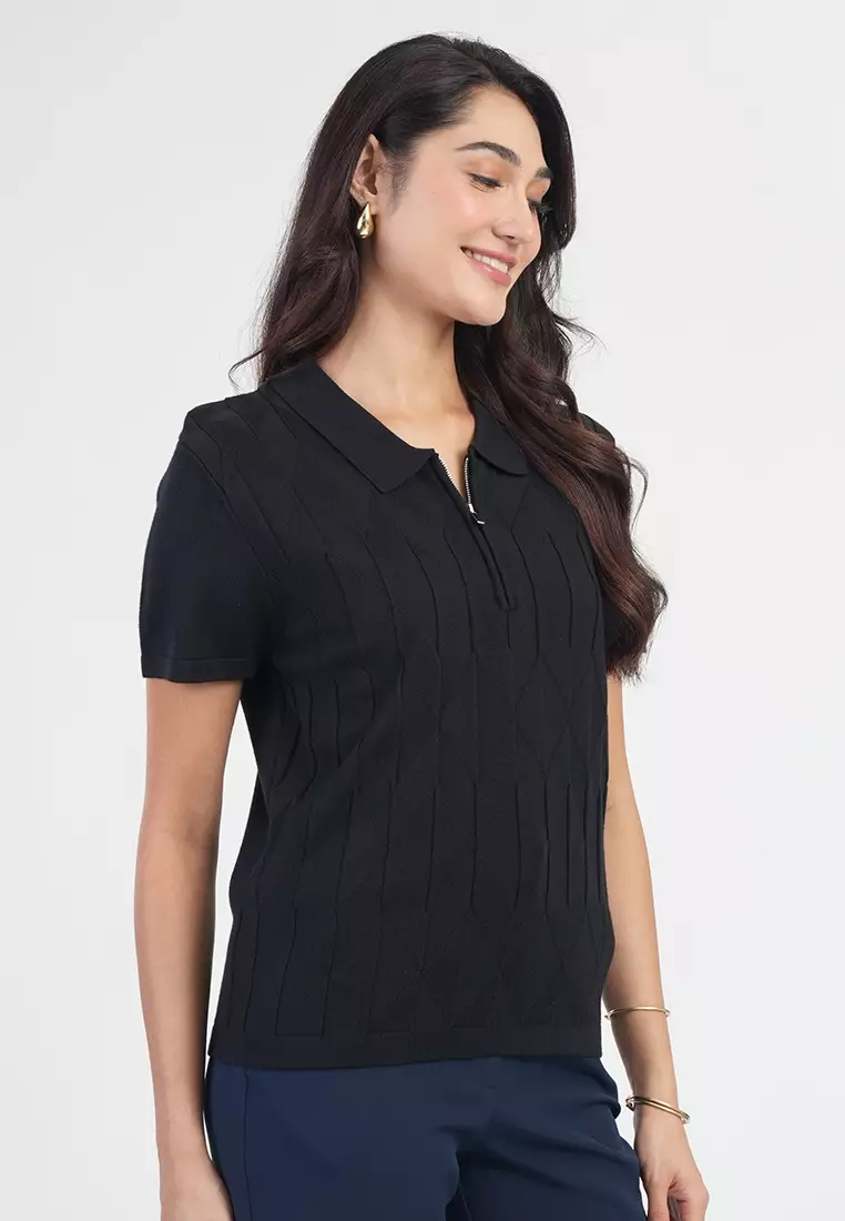 Maren Short Sleeves Polo Neck Diamond Knit Zip Top
