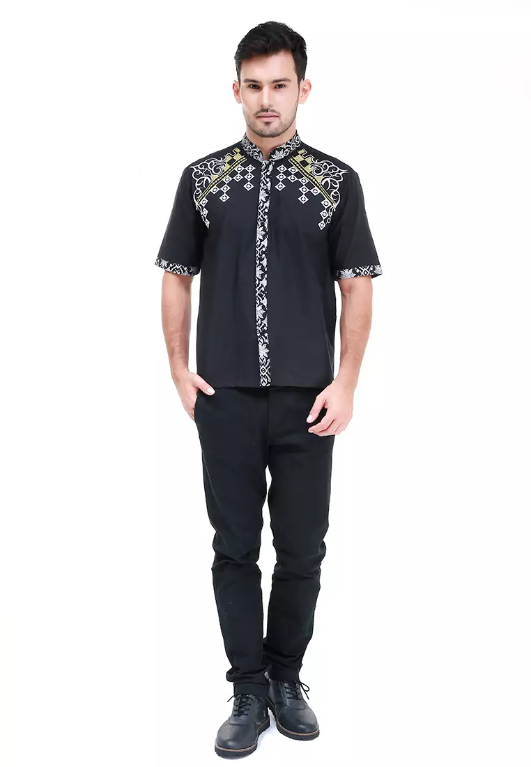 Dwan Kemeja Batik Pria Classy Atasan Formal Shortsleeve Shirt Material Cotton ORIGINAL - Black