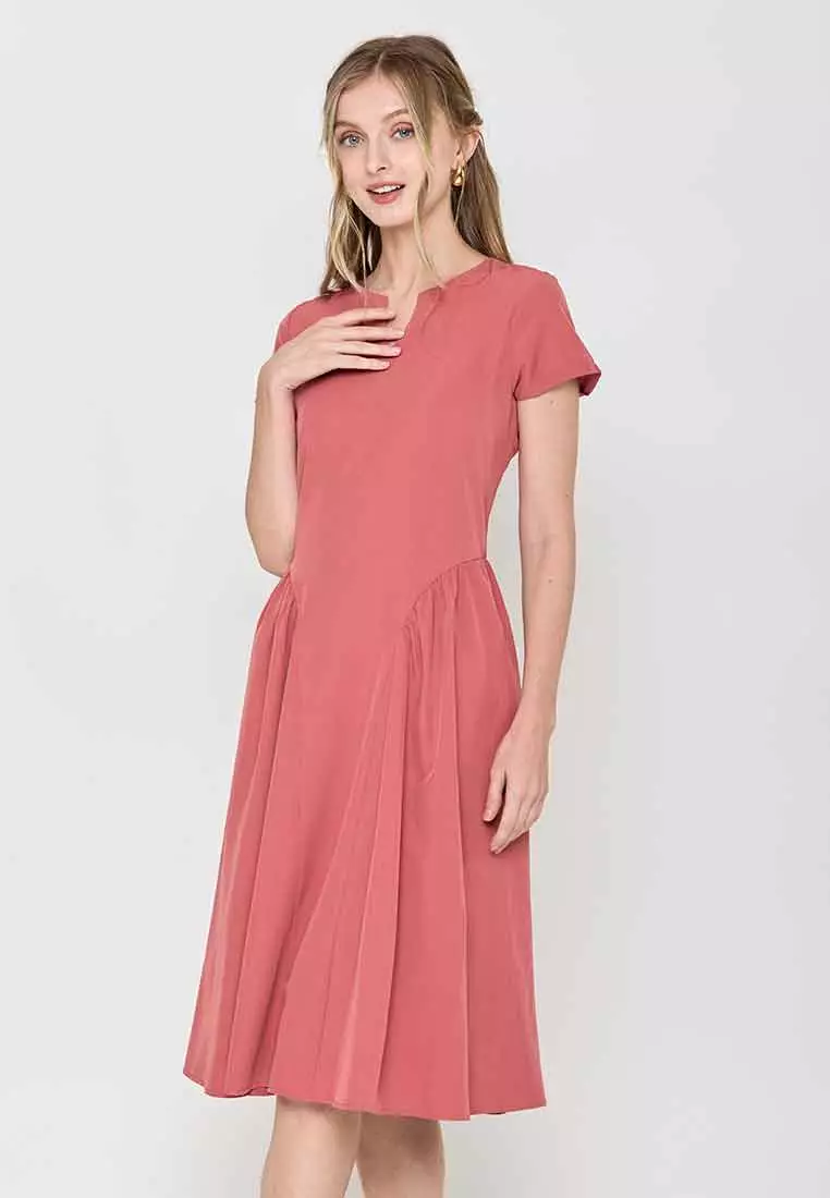 Jazmin Short Sleeves A-Line Dress with Pleats