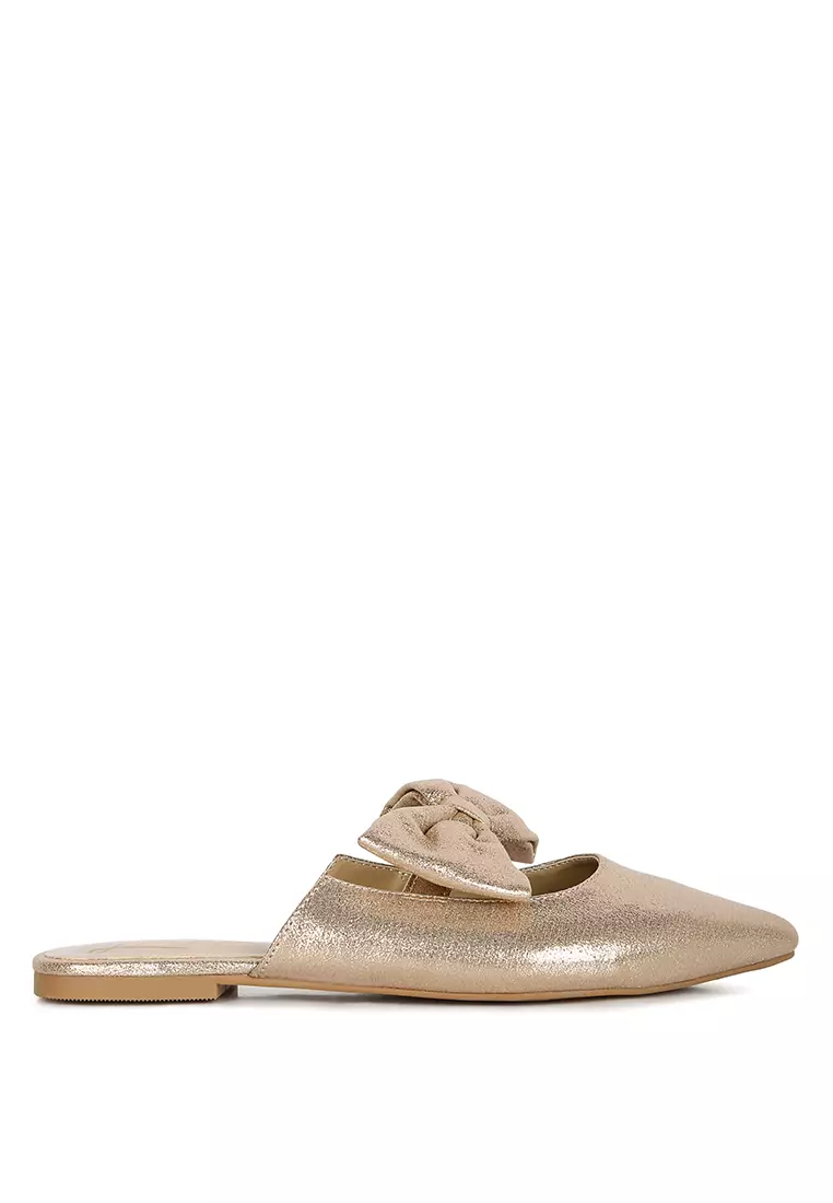 Gold Casual Flats Mules with Bow Accents