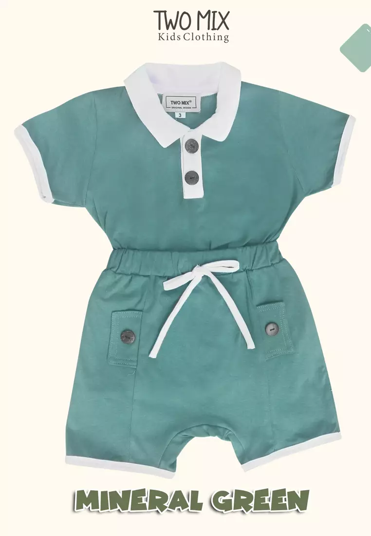 Two Mix - Baju Setelan Bayi Lucu Laki-Laki Celana Lengan Pendek Kaos Katun 0-3 Tahun 4363B Mineral Green