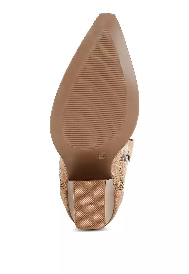 Rhinestones Embellished Calf Boots in Camel