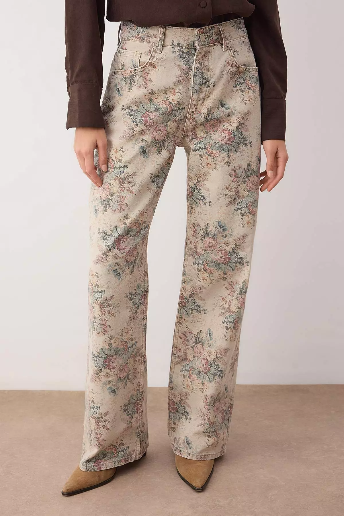 Multi-Colored Floral Pattern High Waist Wide Leg Jeans Twoaw26Je246