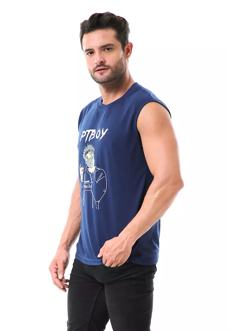 Bobby Atasan Kasual Pria Singlet Motif Ptboy Sleeveless Tshirt Material Cotton ORIGINAL - Navy