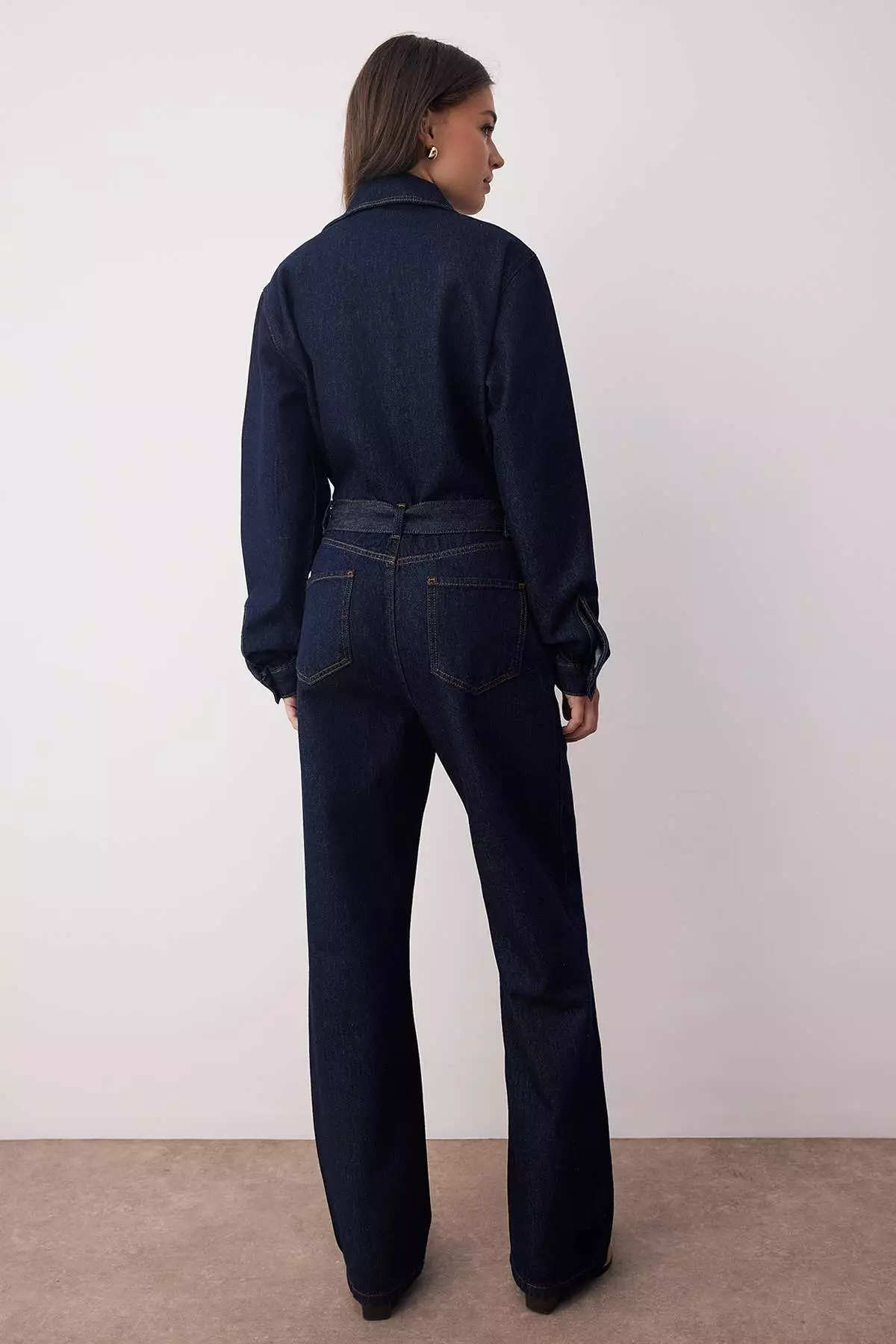 Dark Blue Belted Wide Leg Denim Overalls Twoaw26Tu00003
