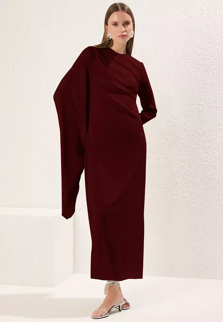 Burgundy Shawl Detailed Lined Evening Dress Tctss24Db00036
